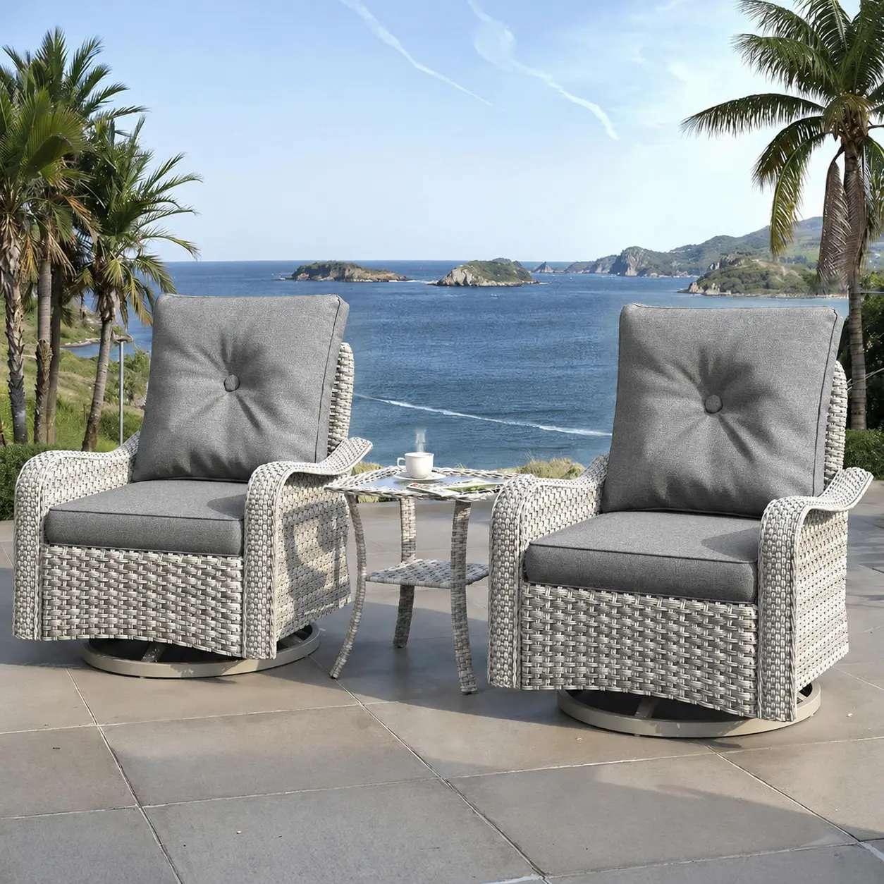 Set de terraza con sillones giratorios y cojines de exterior, imagen 2